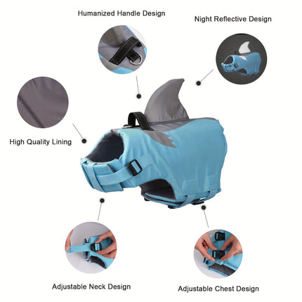 Reflecterend haai hondenzwempak | Veiligheidsvest huisdier met handgreep | Verstelbare waterdichte honden zwemvest voor optimale zichtbaarheid