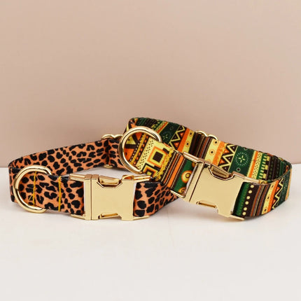 Gepersonaliseerde katoenen set met gegraveerd identificatie-label | Verstelbare halsband en bijpassende lijn voor stijlvolle veilige wandelingen | Maten S-XL