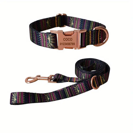 Gepersonaliseerde katoenen set met gegraveerd identificatie-label | Verstelbare halsband en bijpassende lijn voor stijlvolle veilige wandelingen | Maten S-XL