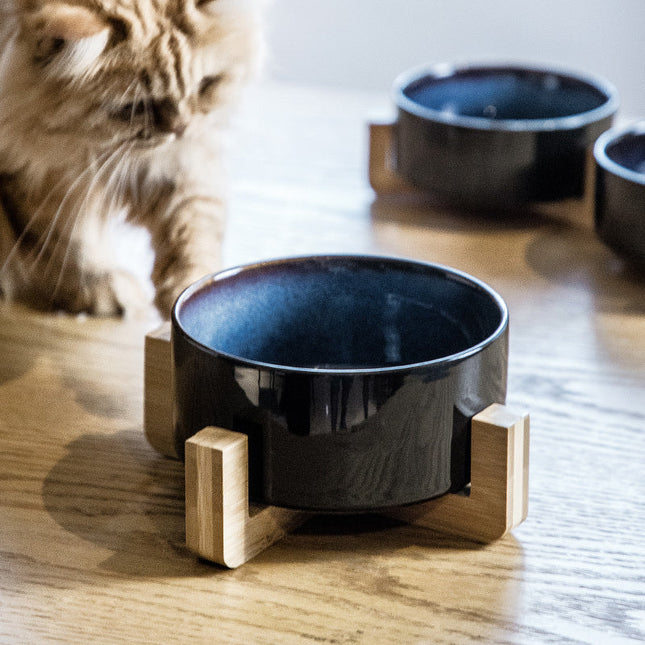 CelestiPaw Ceramic Food Bowl | Double Bowl Wood | Stylish Cat & Dog Food Bowl | Comfortable Design | Easy to Clean | Heavenly Style | Ceramic for Cats & Dogs | Stylish and Functional