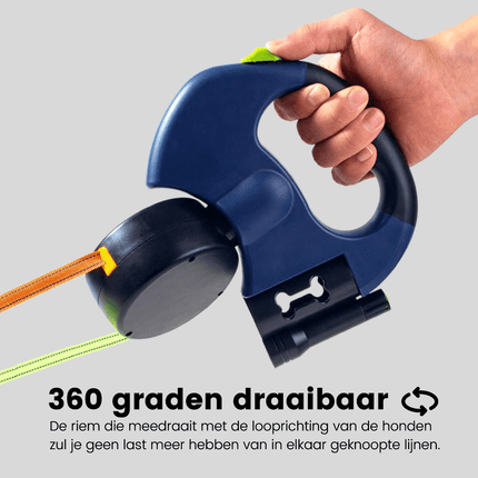 Dubbele hondenriem verstelbaar voor twee honden | Pantino multifunctioneel | 360° draaibaar | Reflecterend | Duurzaam nylon | Geschikt voor kleine en grote honden