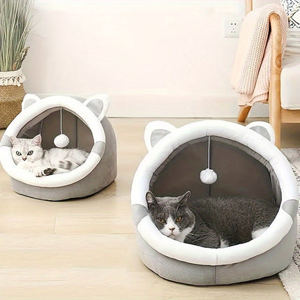 Kattenhuisje van zacht synthetisch materiaal | Met hangende speelbal | Verschillende maten | Comfortabel bed voor katten tot 7 kg | Modern ontwerp