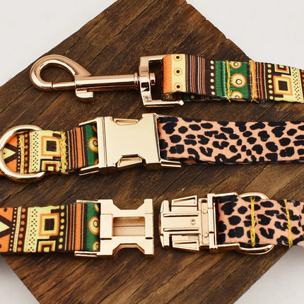 Gepersonaliseerde katoenen set met gegraveerd identificatie-label | Verstelbare halsband en bijpassende lijn voor stijlvolle veilige wandelingen | Maten S-XL