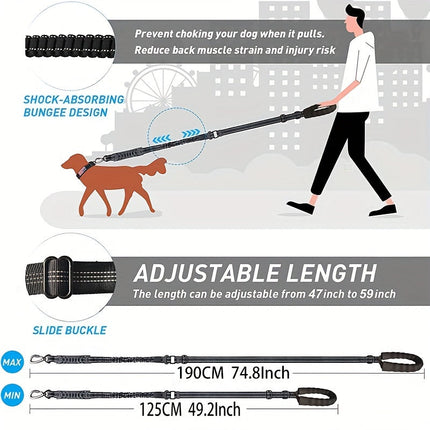 Verstelbare bungee hondenriem | Schokabsorberend nylon | Reflecterende stiksels | Gevoerde handgrepen | 125-190 cm lang | Geschikt voor grote honden