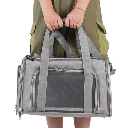 Bolsa de viaje gris para mascotas | Apta para aviones | Transpirable y cómoda | Diseño manos libres | 30 x 30 x 40 cm