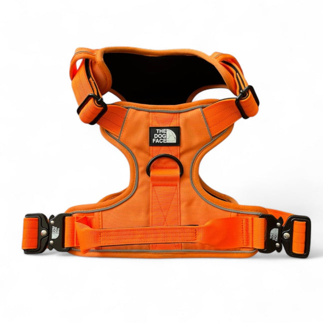 Arnés naranja ajustable para perros | Nailon reflectante | Acolchado cómodo | Máximo control | Resistente a la intemperie y duradero | Grado militar | Forro de neopreno | Para perros activos