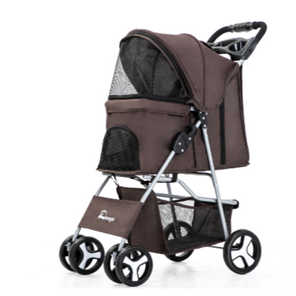 Opvouwbare huisdierenwagen bruin | 70x40x90 cm | Stalen frame met ademend mesh | Stevige vierwielige honden- en kattenbuggy | Draagbaar huisdier vervoersmiddel
