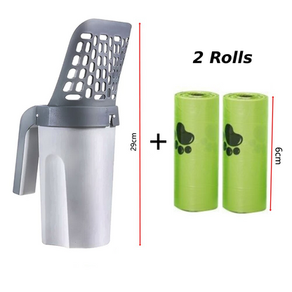 PurrEase kattenbakschep met ingebouwde afvalbak | Royaal en ergonomisch schepje voor snelle en hygiënische kattenbakreiniging | Duurzaam kunststof | Grijs