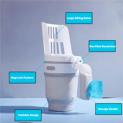 LitterMate kattenbak schep met ergonomisch handvat | Compact opvouwbaar ontwerp | Eenvoudig schoonmaken en minder rommel | Efficiënte afvalverwerking voor kattenbak