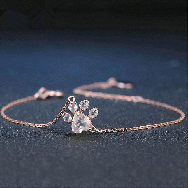 Rose Quartz Paw Print Bracelet in Rose Gold Plating | Cat Lover's Gift | Hypoallergenic and Nickel-Free
