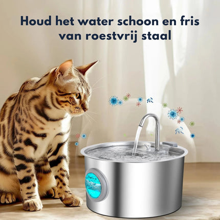 RVS Kattenfontein 3.2L met Ingebouwd Filtersysteem en Ultra Stille Waterpomp voor Huisdieren